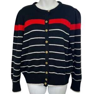 VIVANTI Vintage Made in USA Cardigan Striped Black White Red Knit Sweater sz 14